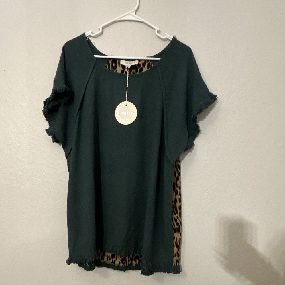 UMGEE Women’s 1XL Green Leopard Animal Print Fringe Short Sleeve Pullover Top